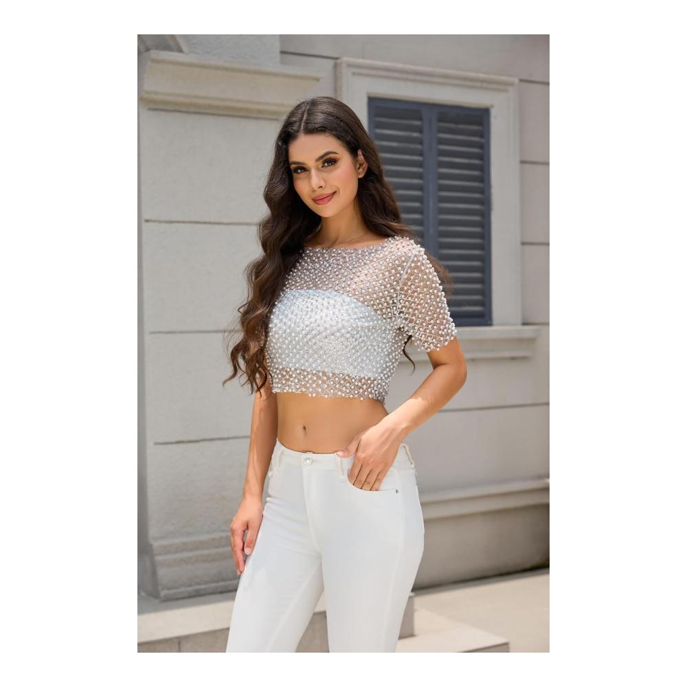 Damen Perlen-Mesh-Oberteil Glitzer-Top Durchsichtiges Sexy Kurzarm Club-Party-Oberteil Frauen-Club-Top Glitzer-Oberteil Damen-Party-Top – Bild 3