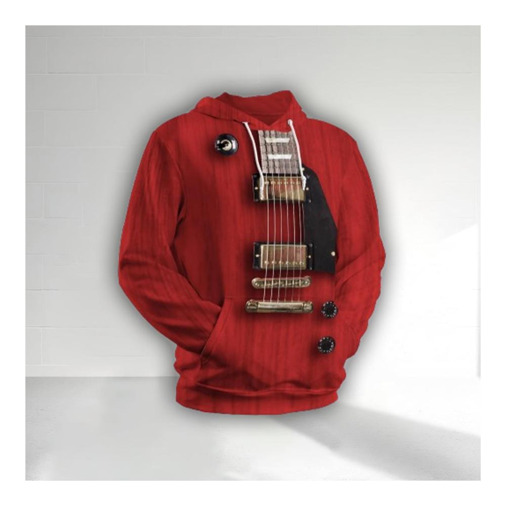 Rote E-Gitarre Hoodie - Bold Red Hoodie mit realistischem E-Gitarre Design - Herren Hoodie mit Gitarrenmotiv - Musik Hoodie - Rock Hoodie - E-Gitarren-Fan Hoodie - Gitarrenliebhaber Hoodie – Bild 2