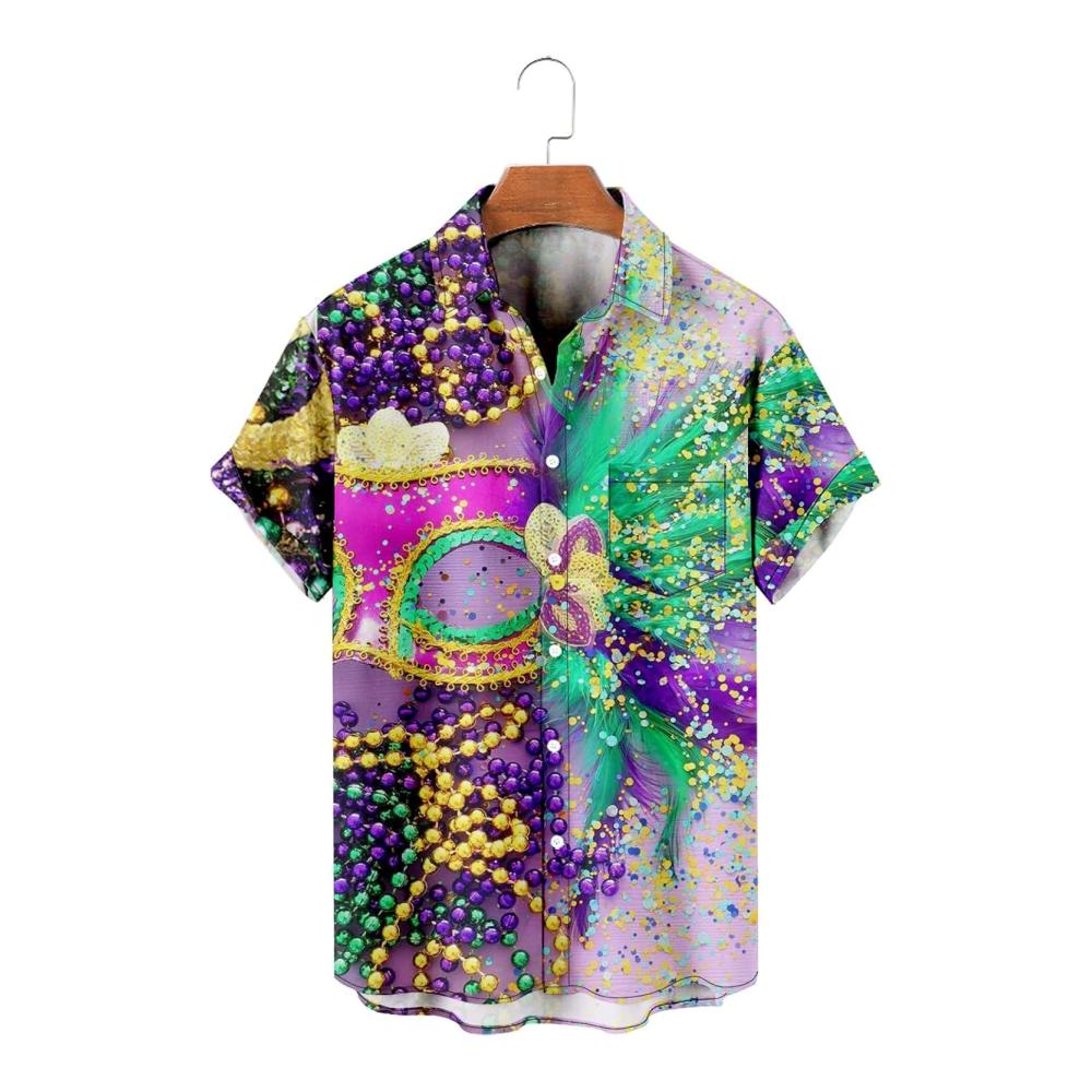 Männer Karneval Hemd 2024 Mardi Gras Outfit Print Kurzarm Front Buttons Casual Trendy Tops für Männer Karnevalsshirt für Herren – Bild 3