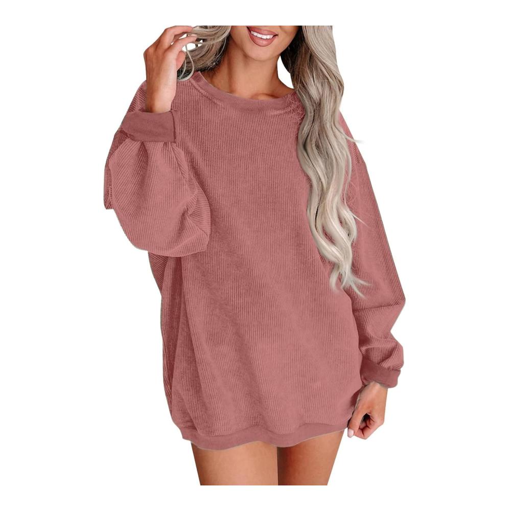 Übergroßes Sweatshirt für Frauen lässige Crewneck Langarmshirts lockere Passform Cord-Sweatshirts trendige Ausgehtops – Bild 2
