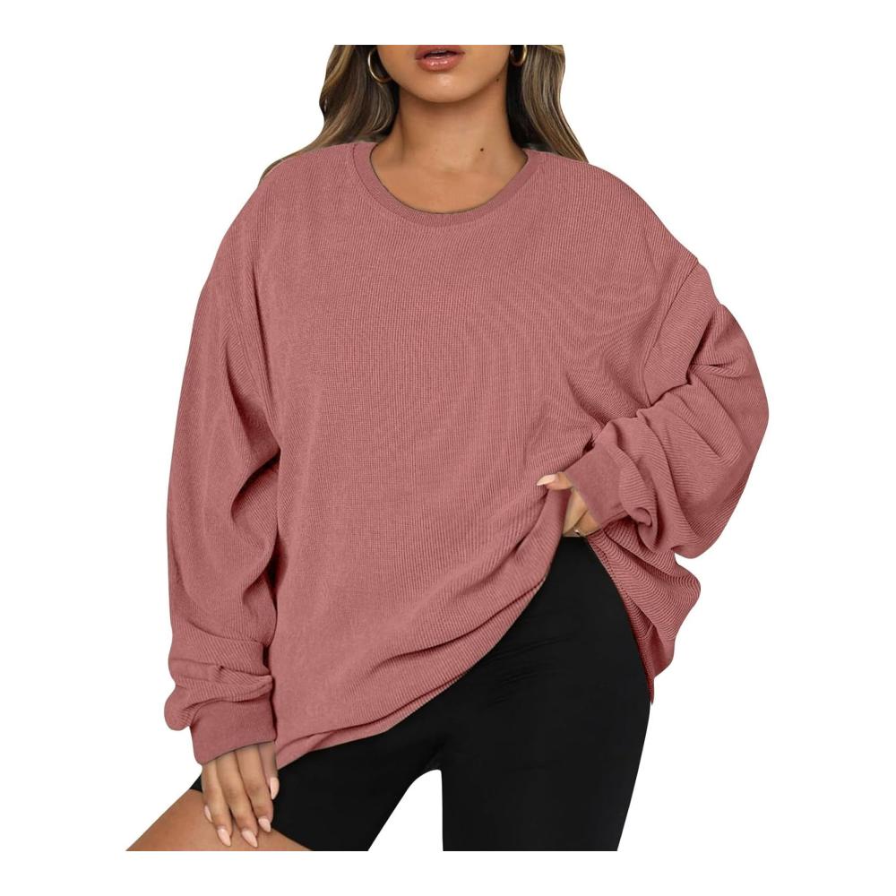 Übergroßes Sweatshirt für Frauen lässige Crewneck Langarmshirts lockere Passform Cord-Sweatshirts trendige Ausgehtops – Bild 5
