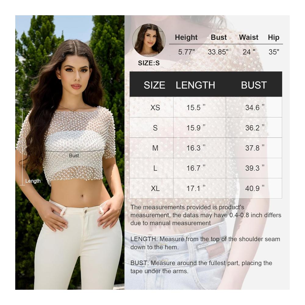 Damen Perlen-Mesh-Oberteil Glitzer-Top Durchsichtiges Sexy Kurzarm Club-Party-Oberteil Frauen-Club-Top Glitzer-Oberteil Damen-Party-Top – Bild 5