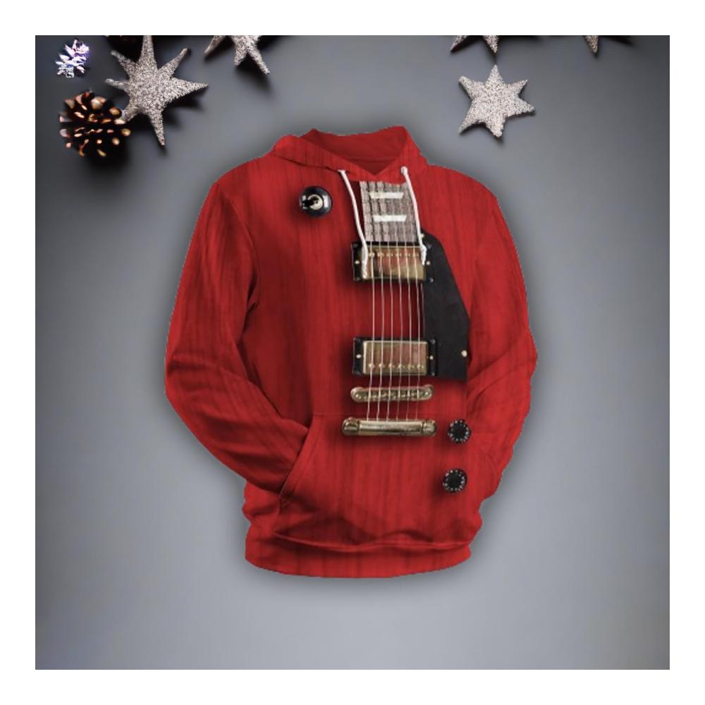 Rote E-Gitarre Hoodie - Bold Red Hoodie mit realistischem E-Gitarre Design - Herren Hoodie mit Gitarrenmotiv - Musik Hoodie - Rock Hoodie - E-Gitarren-Fan Hoodie - Gitarrenliebhaber Hoodie – Bild 3