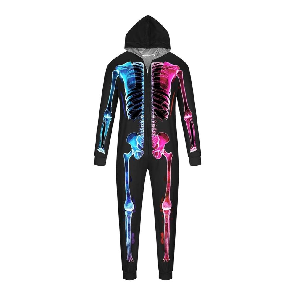 Leuchtende Skelett-Familien-Pyjamas passende Plaid-Heimjumpsuits mit Kapuze und Reißverschluss für Babys Familien-Pajamas-Set – Bild 2