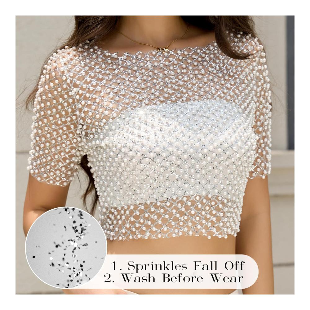 Damen Perlen-Mesh-Oberteil Glitzer-Top Durchsichtiges Sexy Kurzarm Club-Party-Oberteil Frauen-Club-Top Glitzer-Oberteil Damen-Party-Top – Bild 2