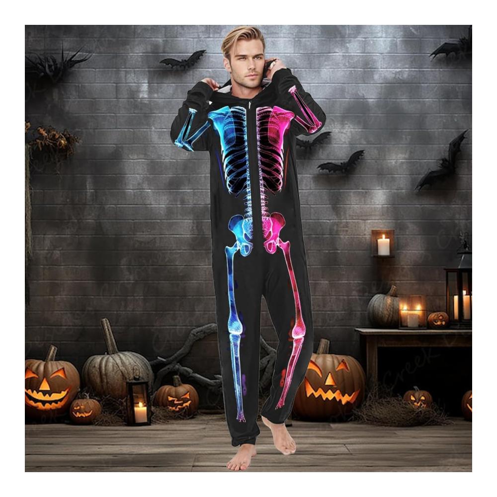 Leuchtende Skelett-Familien-Pyjamas passende Plaid-Heimjumpsuits mit Kapuze und Reißverschluss für Babys Familien-Pajamas-Set – Bild 3